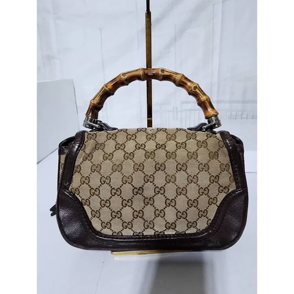 SOLD*Authentic GUCCI GG Canvas And Leather New Bamboo Top Handle Bag Beige/Brown - Picture 4 of 16